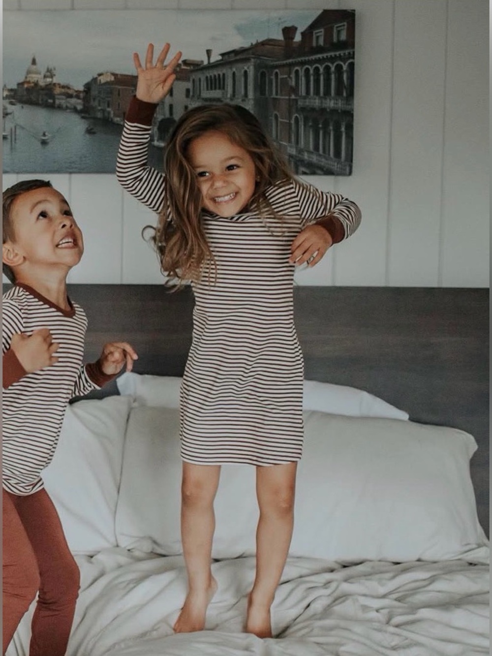 Kids Striped Long Sleeve Nightgown in Maroon and White